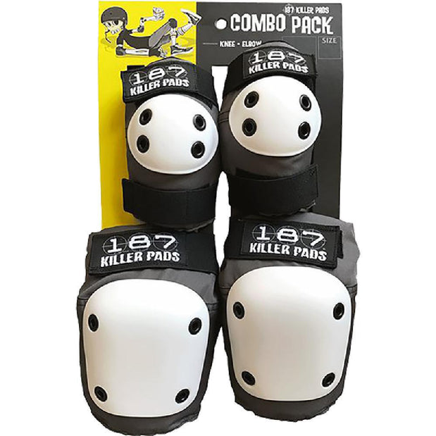 187 Killer Pads Combo Pack Knee/Elbow Pad XS Grey/Black with white caps Skateboard Set - Longboards USA