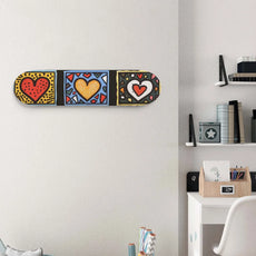 Unbranded 3 Colorful Hearts 8.25-inch skateboard wall art with red, orange and white hearts in bold blue and yellow panels. - Longboards USA
