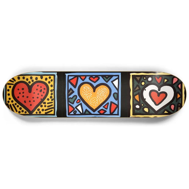 Unbranded 8.25-inch black skateboard deck with three colorful red, orange and white heart panels. - Longboards USA