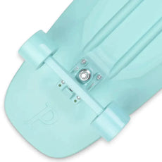 Close-up of the Original Penny Mint 29-inch surfskate skateboard underside with mint wheels, truck and embossed P logo. - Longboards USA
