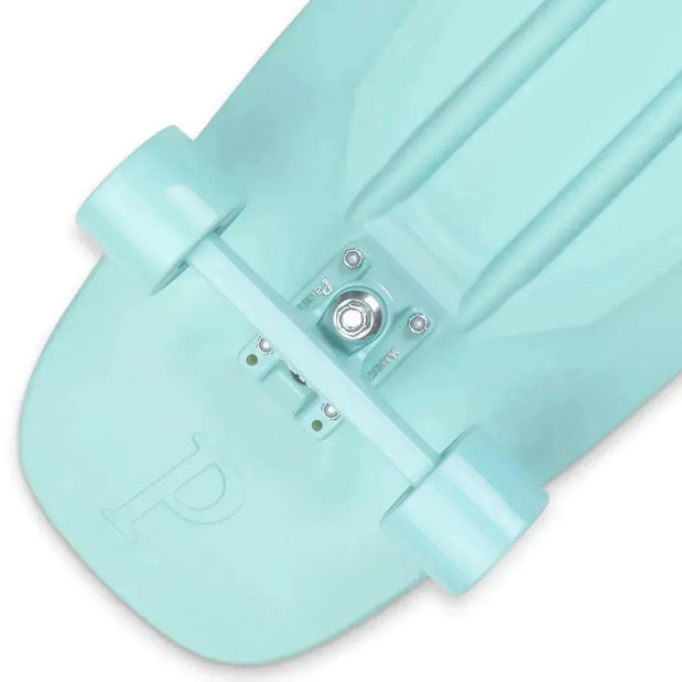 Close-up of the Original Penny Mint 29-inch surfskate skateboard underside with mint wheels, truck and embossed P logo. - Longboards USA