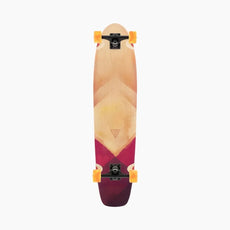 Landyachtz Ripper 36-inch kicktail longboard with natural wood, pink geometric graphics, black trucks and orange wheels. - Longboards USA