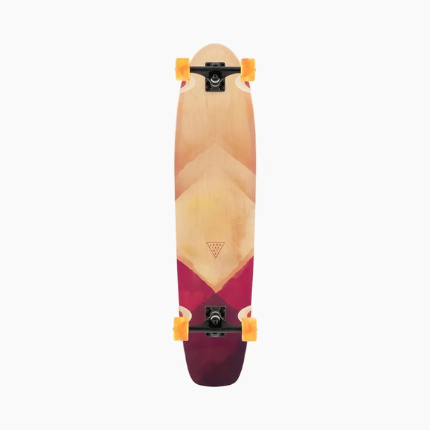 Landyachtz Ripper 36-inch kicktail longboard with natural wood, pink geometric graphics, black trucks and orange wheels. - Longboards USA
