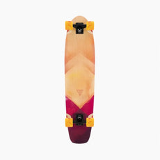 Landyachtz Ripper Watercolor 36-inch kicktail longboard with peach, yellow and magenta deck, black trucks and orange wheels. - Longboards USA