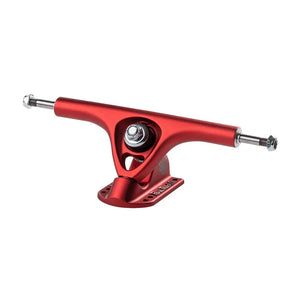 Paris V3 180mm 50-degree longboard truck in scarlet red with silver axle, central kingpin, and branded baseplate. - Longboards USA