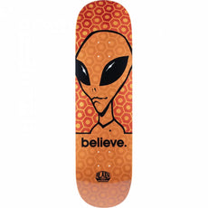 Orange Alien Workshop Believe Hex Duo-Tone 8.75-inch skateboard deck with black alien face and honeycomb pattern. - Longboards USA