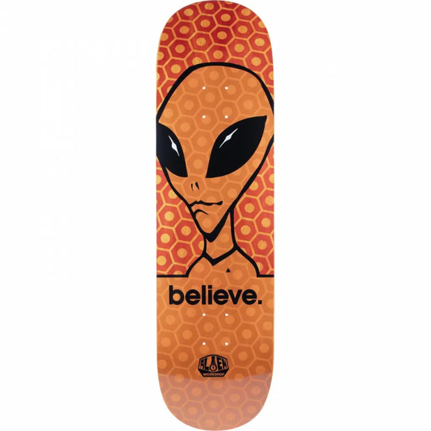 Orange Alien Workshop Believe Hex Duo-Tone 8.75-inch skateboard deck with black alien face and honeycomb pattern. - Longboards USA