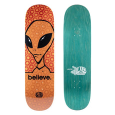 Alien Workshop Believe Hex Duo-Tone 8.75-inch skateboard deck with orange alien graphic and teal wood back. - Longboards USA