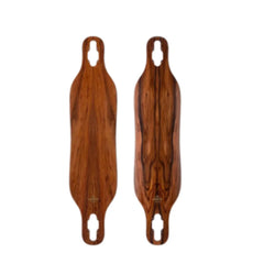 Arbor Axis 37 Flagship brown wood-grain longboard deck, shown in two views with drop-through truck cutouts. - Longboards USA