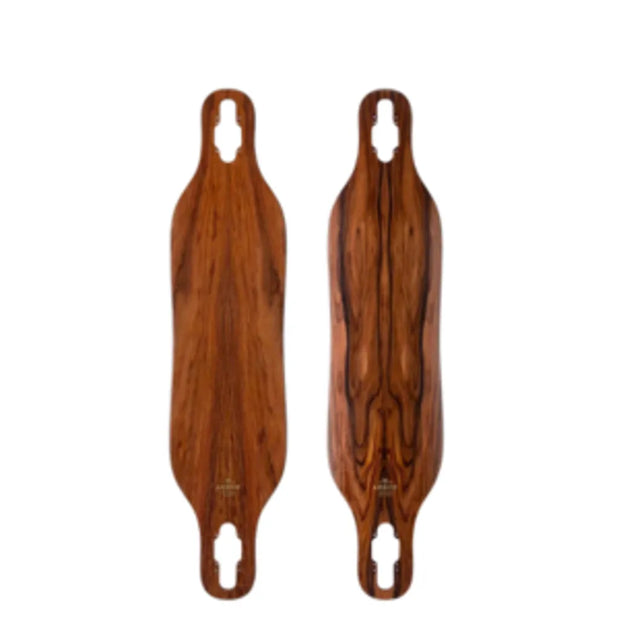 Arbor Axis 37 Flagship brown wood-grain longboard deck, shown in two views with drop-through truck cutouts. - Longboards USA