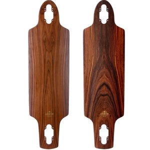 Two views of Arbor Flagship Zeppelin 32-inch drop-through longboard deck with brown wood grain and truck cutouts. - Longboards USA