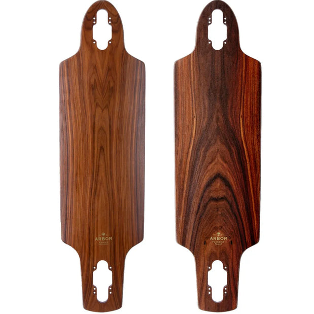 Two views of Arbor Flagship Zeppelin 32-inch drop-through longboard deck with brown wood grain and truck cutouts. - Longboards USA