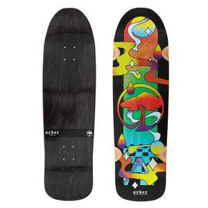 Arbor Team Legacy Martillo Tripped 31-inch cruiser deck, black with vivid multicolor abstract graphics, shown front and back. - Longboards USA