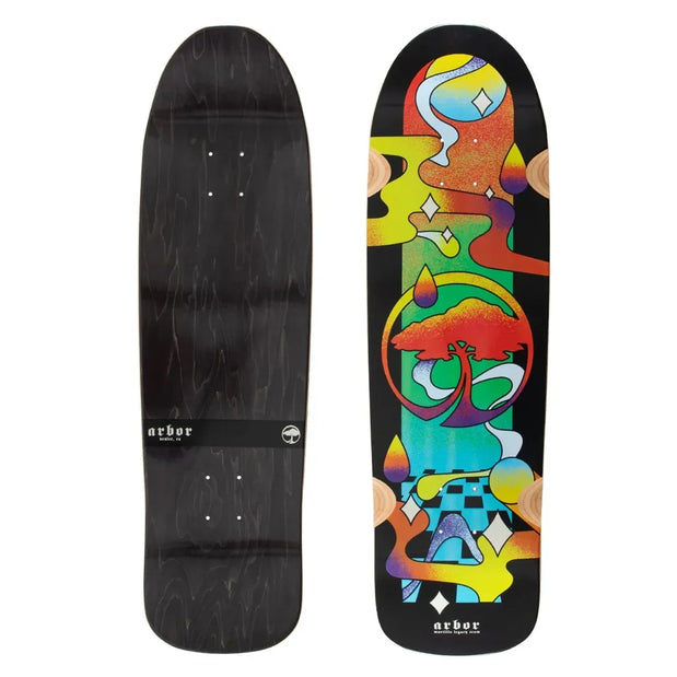 Arbor Team Legacy Martillo Tripped 31-inch cruiser deck, black with vivid multicolor abstract graphics, shown front and back. - Longboards USA