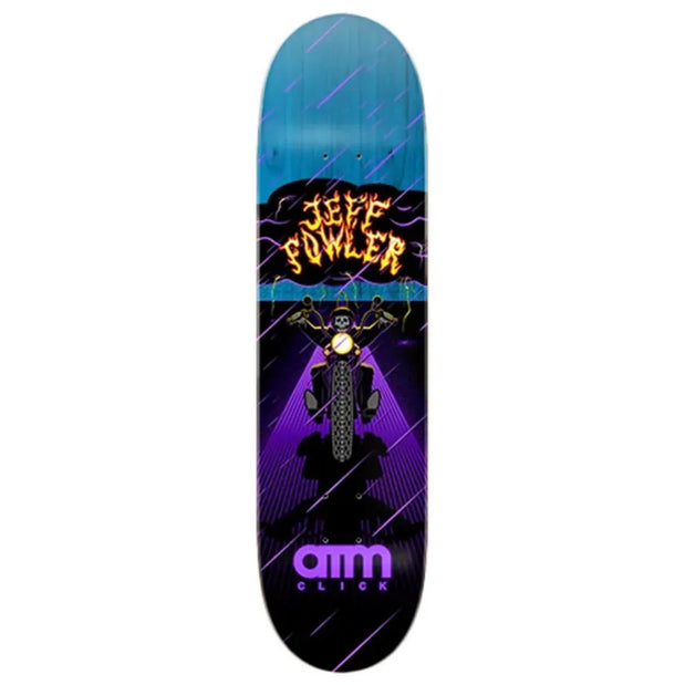ATM Fowler Moto 8.62-inch skateboard deck in blue and black with a motorcycle, purple rays and fiery Jesse Fowler text. - Longboards USA