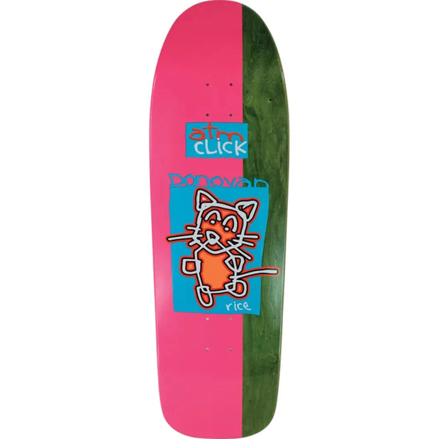 ATM Rice Cat 10 x 31.2-inch skateboard deck, split pink and green, with a turquoise panel and orange cartoon cat graphic. - Longboards USA