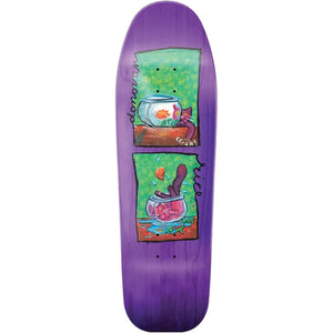 ATM Rice Fishbowl 10-inch purple skateboard deck with two cartoon panels of a cat reaching into a goldfish bowl. - Longboards USA