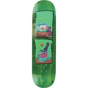 ATM Rice Fishbowl 8.5-inch green skateboard deck with two cartoon panels showing a fishbowl and a cat diving into it. - Longboards USA