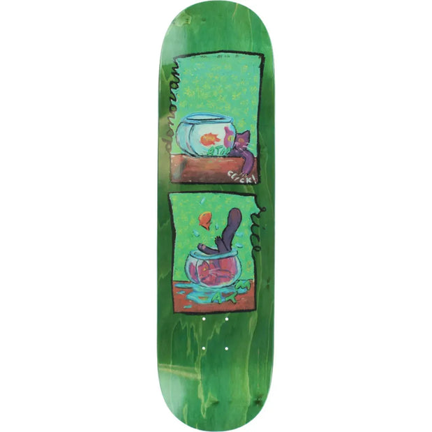 ATM Rice Fishbowl 8.5-inch green skateboard deck with two cartoon panels showing a fishbowl and a cat diving into it. - Longboards USA