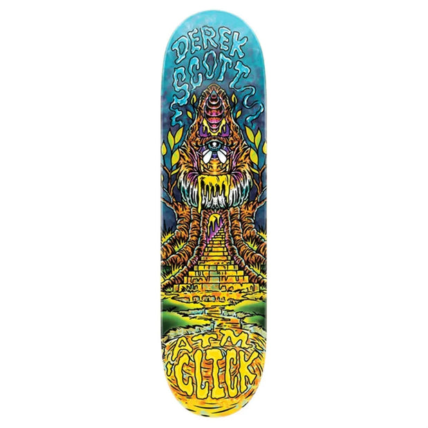 ATM Scott Temple 8.5-inch skateboard deck in turquoise and yellow with a one-eyed monster, temple steps and jungle graphic. - Longboards USA