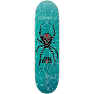 ATM Spider 8.0-inch teal skateboard deck with white webs and a black skull spider graphic with red eyes. - Longboards USA