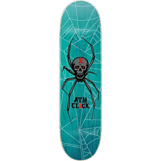 ATM Spider 8.0-inch teal skateboard deck with white webs and a black skull spider graphic with red eyes. - Longboards USA