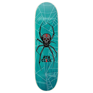 ATM Spider 8.25-inch turquoise skateboard deck with white webs and a black skull spider with red eyes. - Longboards USA