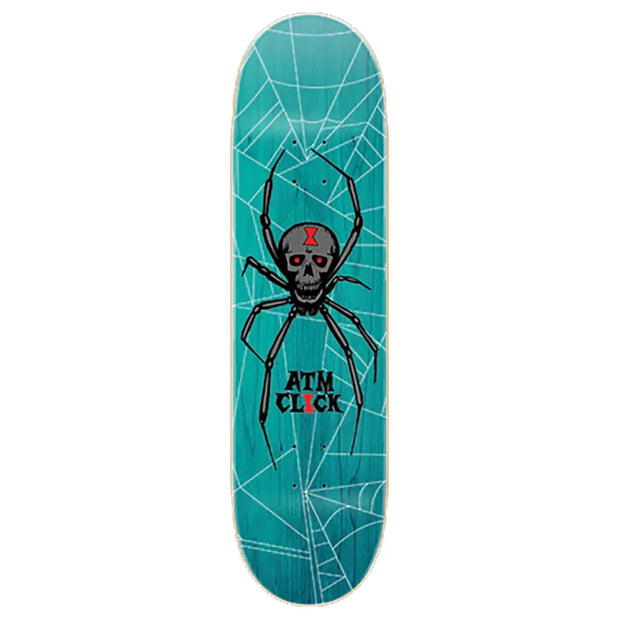 ATM Spider 8.25-inch turquoise skateboard deck with white webs and a black skull spider with red eyes. - Longboards USA