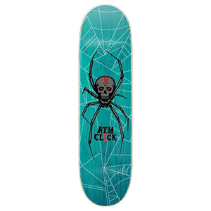 ATM Spider 8.5-inch skateboard deck, teal with a black skull spider, red accents, white web lines, and ATM Click logo. - Longboards USA