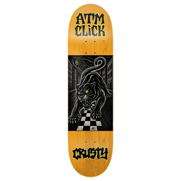 ATM Weissmann Panther 8.25-inch skateboard deck in natural wood with a black panther and checkerboard street graphic. - Longboards USA