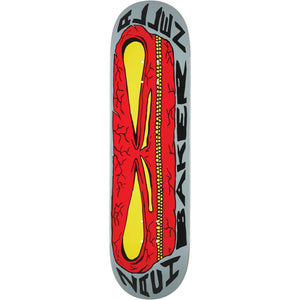 Baker Allen Big Brain 8.5-inch gray skateboard deck with red brain, yellow lobes, zipper detail and black lettering. - Longboards USA