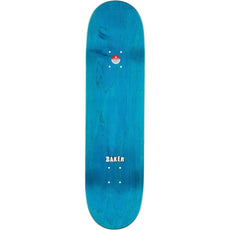 Blue Baker Allen Big Brain 8.5-inch skateboard deck with woodgrain, white Baker logo, mounting holes and red sticker. - Longboards USA
