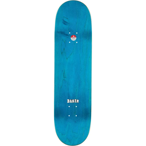 Blue Baker Allen Big Brain 8.5-inch skateboard deck with woodgrain, white Baker logo, mounting holes and red sticker. - Longboards USA