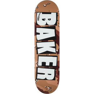 Baker Baca Desert Storm 8.47-inch skateboard deck in brown camo with bold white BAKER lettering. - Longboards USA