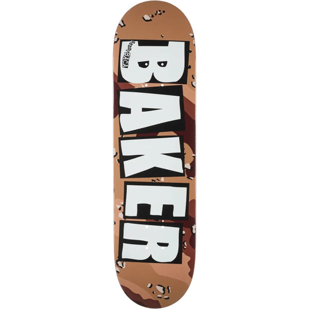 Baker Baca Desert Storm 8.47-inch skateboard deck in brown camo with bold white BAKER lettering. - Longboards USA