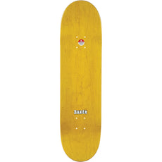 Baker Baca Brand Logo Desert Storm 8.47-inch yellow skateboard deck with wood grain and a small white Baker logo. - Longboards USA