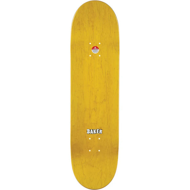 Baker Baca Brand Logo Desert Storm 8.47-inch yellow skateboard deck with wood grain and a small white Baker logo. - Longboards USA