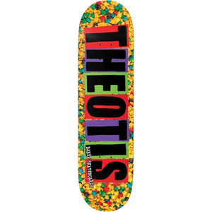Baker Beasley Cap'N Crunch 8.25-inch skateboard deck with yellow cereal pattern and bold black THEOTIS lettering. - Longboards USA