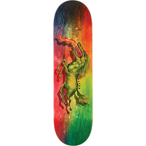 Baker Brooker Fried Beast 8.38-inch skateboard deck with a rainbow background and green fire-breathing horse graphic. - Longboards USA