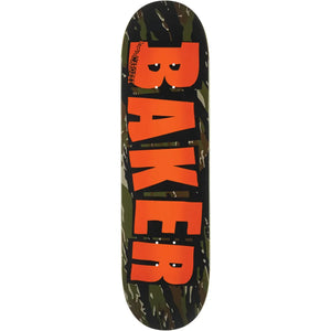 Baker Carozzi 8.38-inch twin skateboard deck with green and black tiger stripes and a large orange Baker logo. - Longboards USA