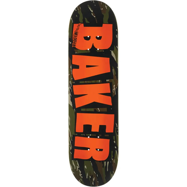 Baker Carozzi 8.38-inch twin skateboard deck with green and black tiger stripes and a large orange Baker logo. - Longboards USA