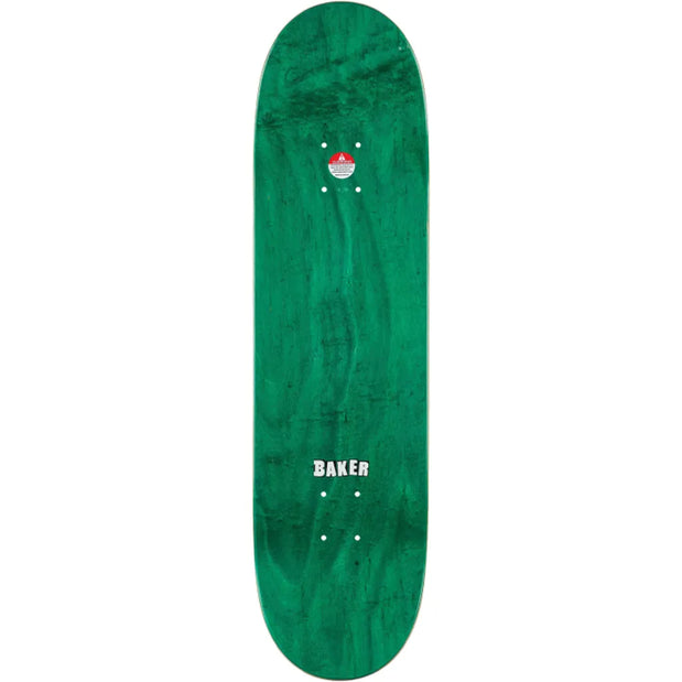 Baker Carozzi Twin 8.38-inch skateboard deck in green wood grain with white Baker logo and predrilled mounting holes - Longboards USA