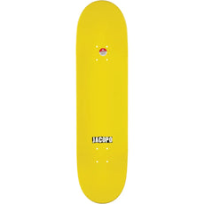 Yellow Baker Carozzi Mercurials 8.25-inch skateboard deck with white mounting holes and a black-and-white Jacopo label. - Longboards USA