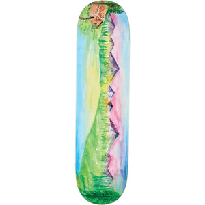 Baker Figueroa Day Ross 8.25-inch B2 skateboard deck with blue, green and pink watercolor mountains and a cabin. - Longboards USA