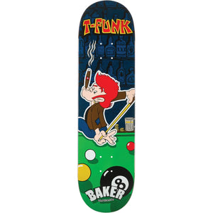 Baker Funkhouser Pleasure Island 8.5-inch skateboard deck with blue and green billiards graphic and red-haired cigar smoker. - Longboards USA