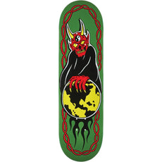 Baker Funkhouser World Control 8.75-inch green skateboard deck with a red horned demon holding a yellow globe. - Longboards USA