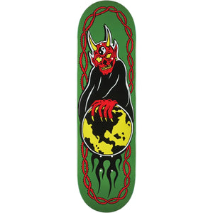 Baker Funkhouser World Control 8.75-inch green skateboard deck with a red horned demon holding a yellow globe. - Longboards USA