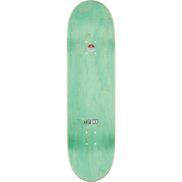 Baker Funkhouser World Control 8.75-inch skateboard deck in mint green woodgrain with T-FUNK logo and truck holes. - Longboards USA