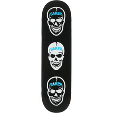 Baker Hawk 3:16 8.5-inch black skateboard deck with three stacked skull graphics and blue Baker logos. - Longboards USA