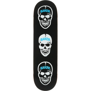 Baker Hawk 3:16 8.5-inch black skateboard deck with three stacked skull graphics and blue Baker logos. - Longboards USA